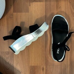Prada black suede sandal with silver platform